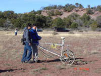Photo of scientists collecting geophysical data with magnetometers.