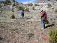 Photo of ordnance specialists to survey a former open storage site at Fort Wingate. Here they are locating any potentially hazardous munitions.